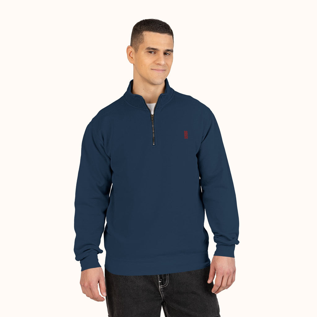 RAMU SHAMU EMBROIDED QUARTER-ZIP NAVY