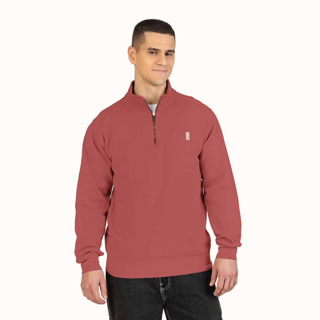 RAMU SHAMU EMBROIDED QUARTER-ZIP CRIMSON