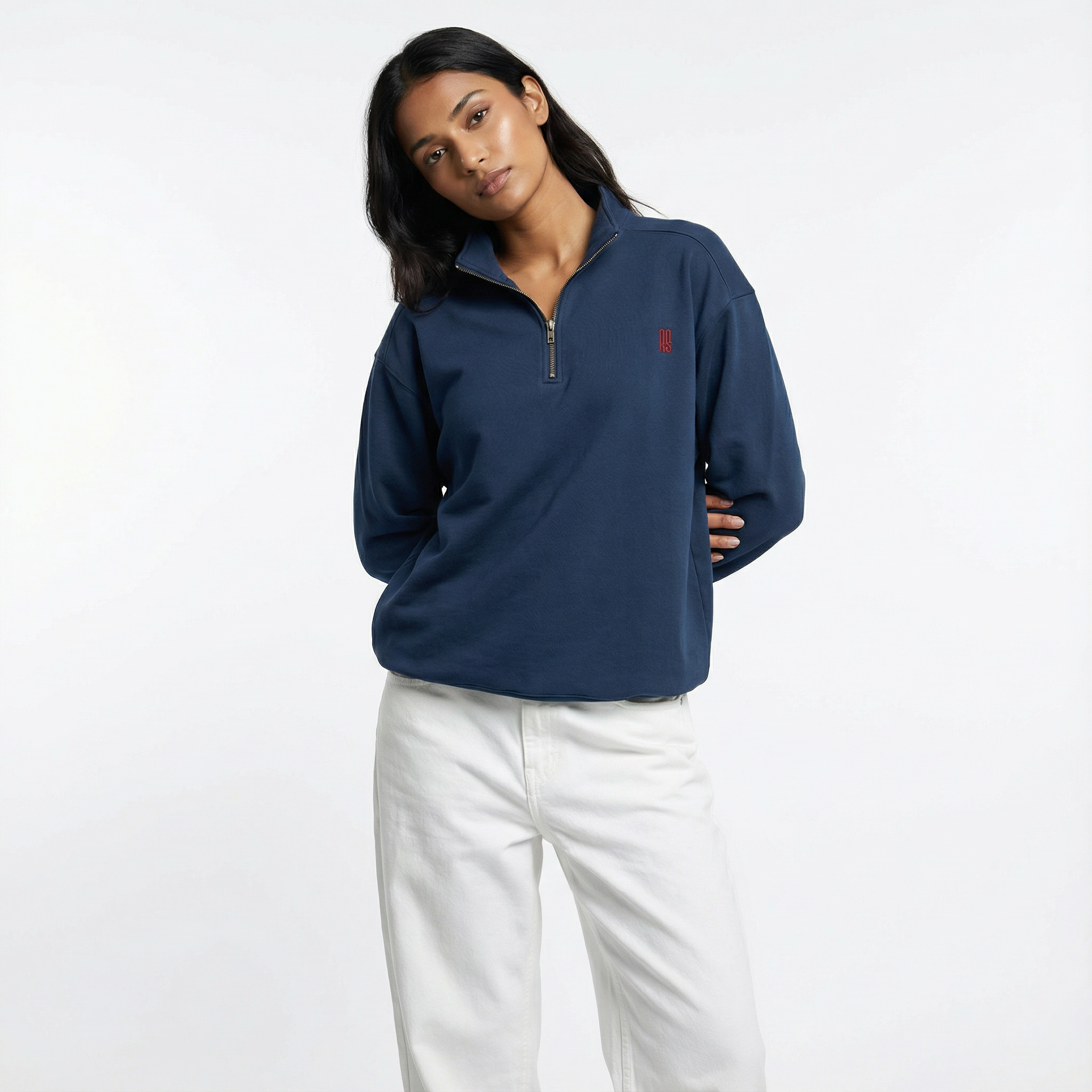 RAMU SHAMU EMBROIDED QUARTER-ZIP NAVY